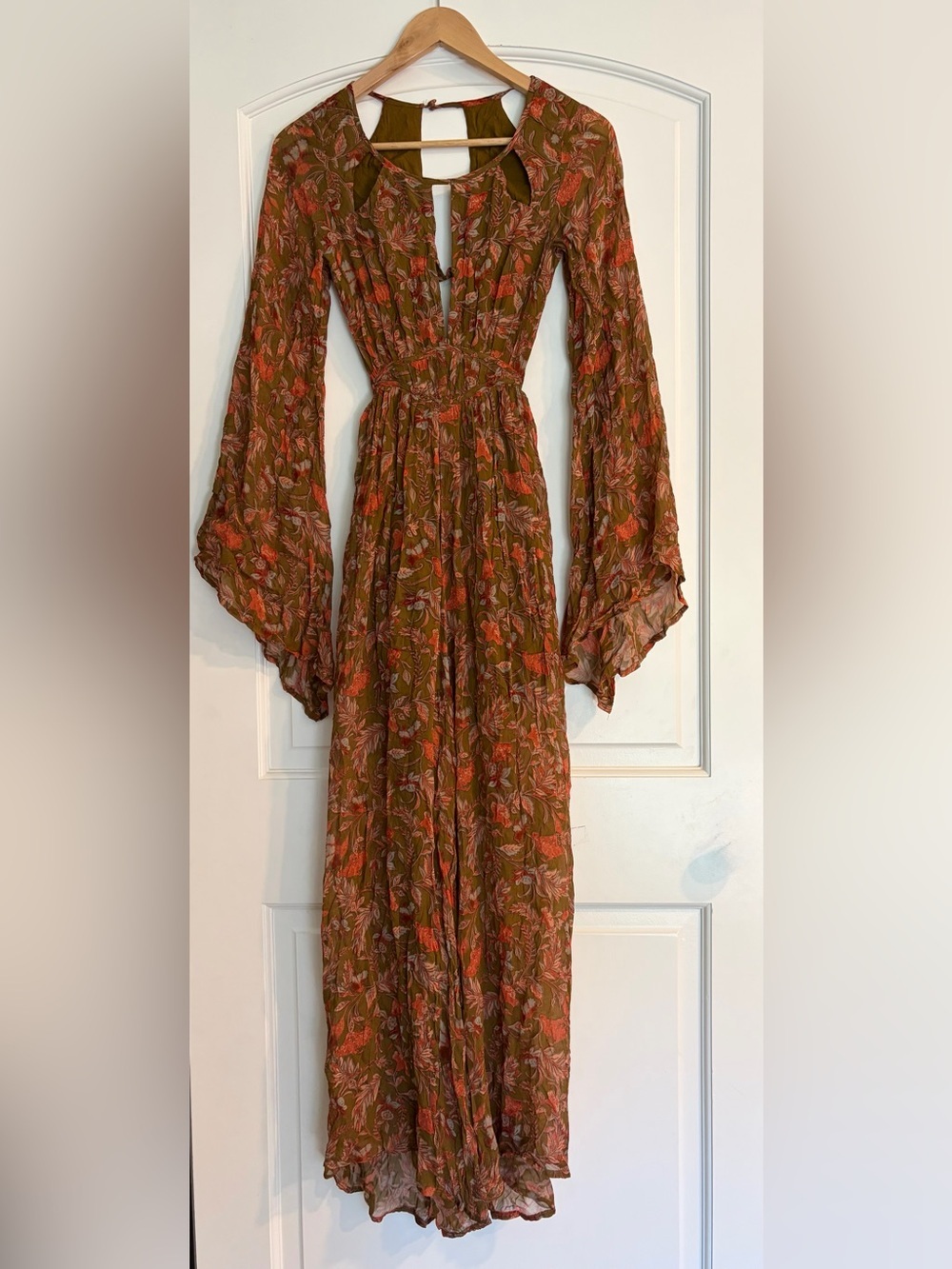 Free People Magical Fairy Jumpsuit Bohemian floral print Sheer Bell Sleeves 2